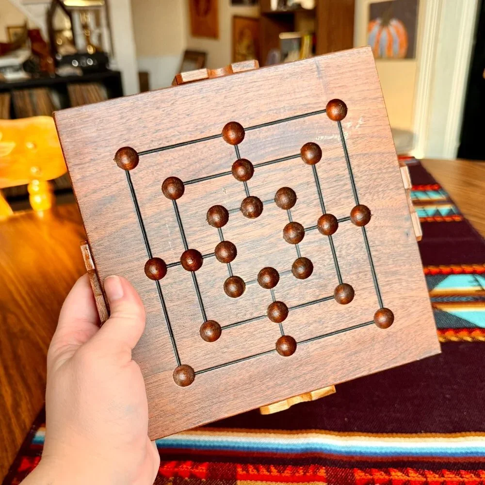 Handmade Vintage Solid Wood 9 Men's Morris Board Game with Marble Storage Slot - Picture 5 of 7